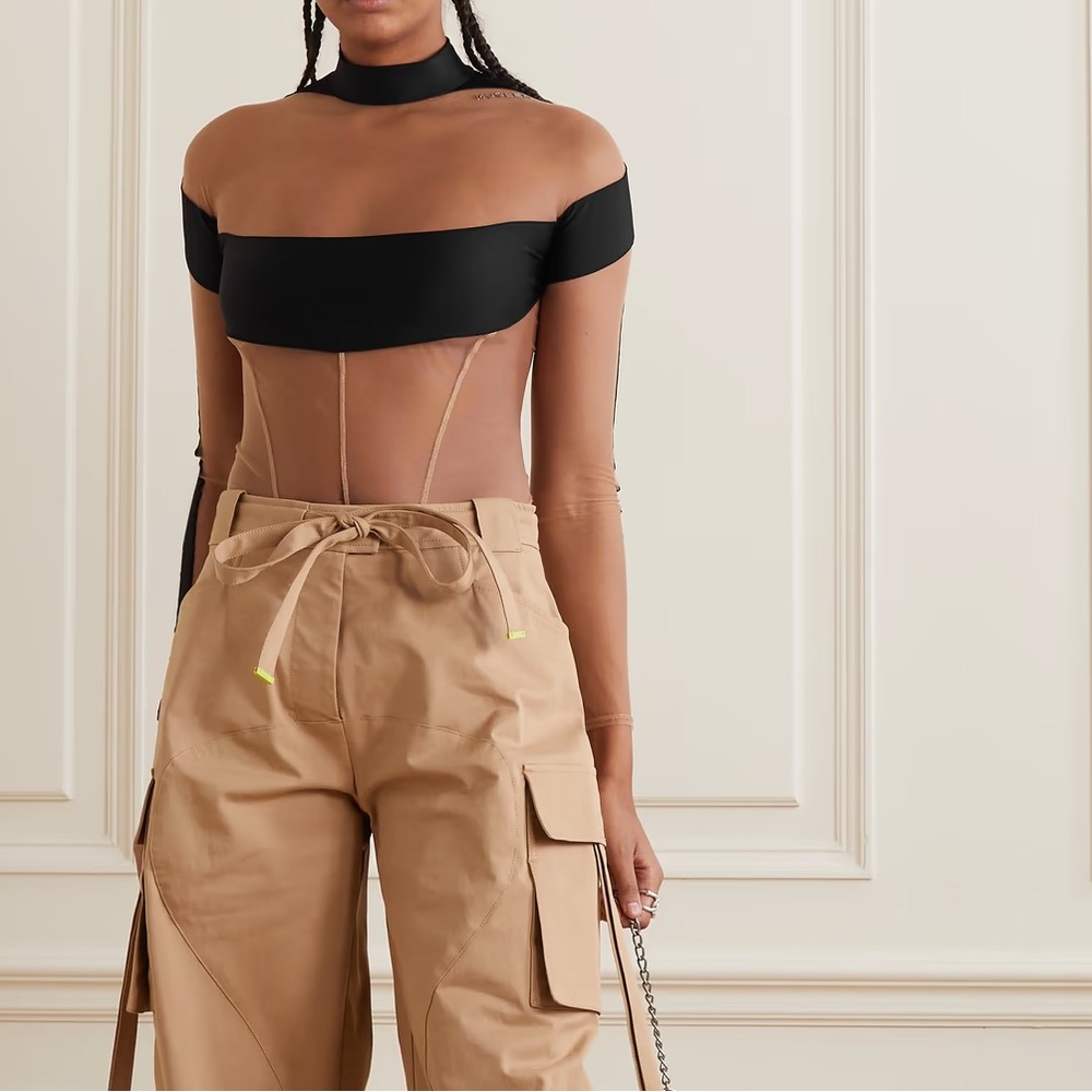 Illusion stretch jersey-trimmed tulle thong bodysuit